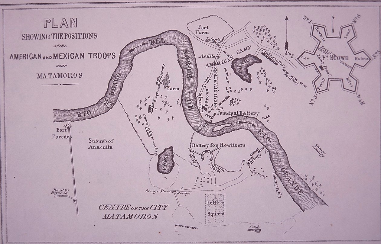 Guerra messicano-americana (1846-48), mappa delle truppe statunitensi vicino al Rio Grande e Matamoros da American School