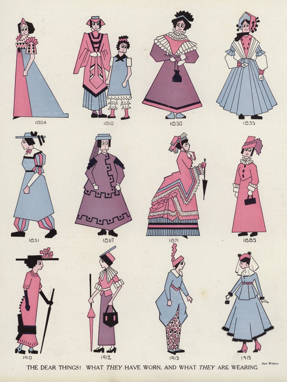 Beffa della moda femminile nel corso dei secoli (litografia a colori) da American School