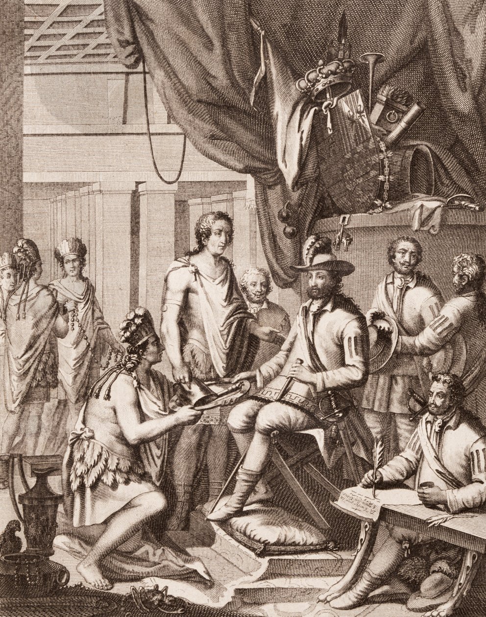 Montezuma che consegna il suo impero al Re di Spagna, dandogli un tributo e promettendo obbedienza, da Antonio de Solis y Rivadeneira Solis Storia della Conquista del Messico, inciso da Ximeno da American School