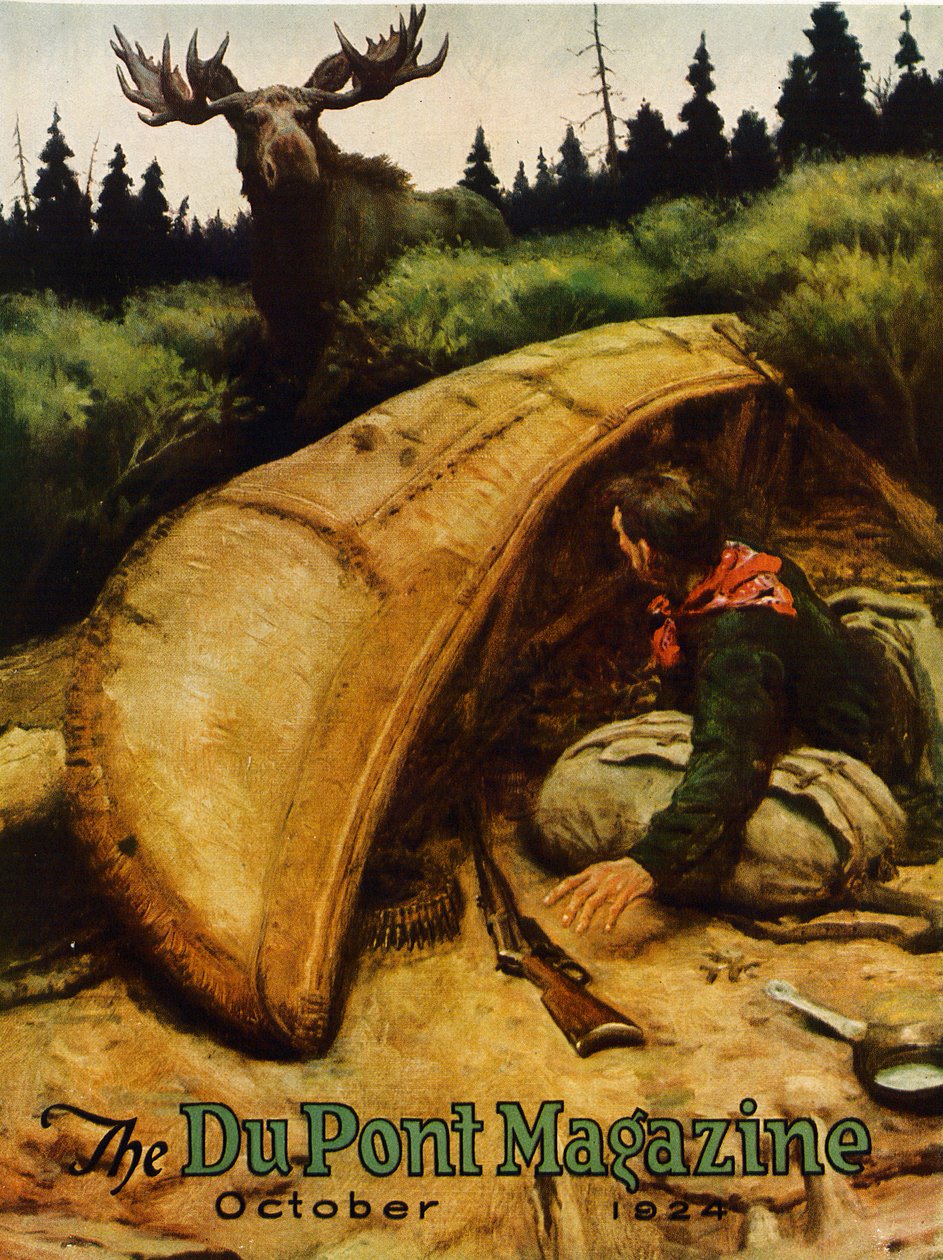 Attacco di Alce!, copertina della rivista DuPont, ottobre 1924 da American School