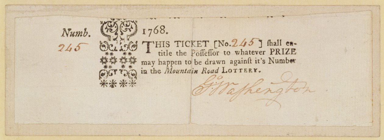 Biglietto della lotteria Mountain Road, firmato da George Washington (1732-99) 1768 da American School