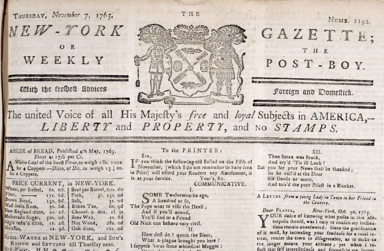 Testata della New York Gazette che dichiara la sua opposizione ai francobolli, stampata il 7 novembre 1765 da American School