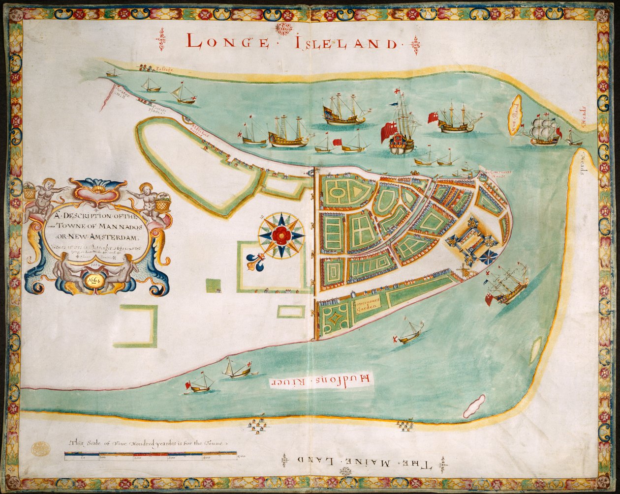 New York: pianta di Manhattan, Long Island, il fiume Hudson e New Amsterdam da American School