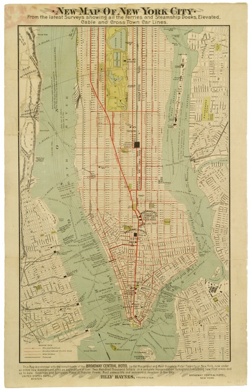 Nuova mappa della città di New York dagli ultimi sondaggi che mostra tutti i traghetti e i moli delle navi a vapore, elevati, metropolitane elettriche e linee di tram trasversali da American School