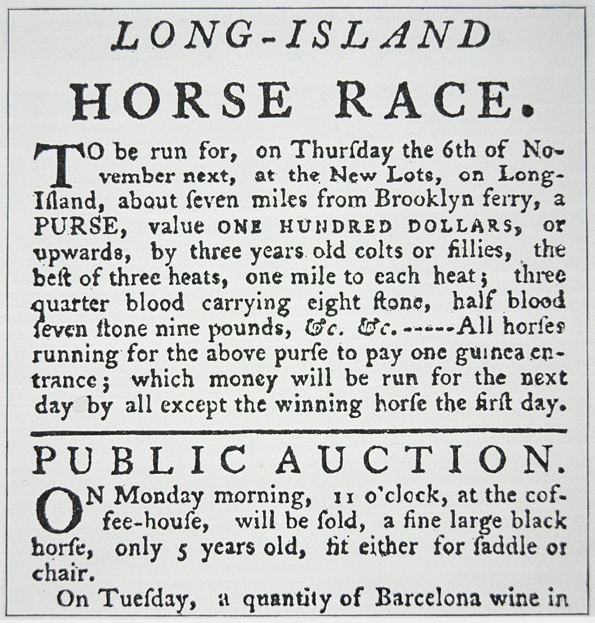 Avviso di una corsa di cavalli a Long Island, da Rivington