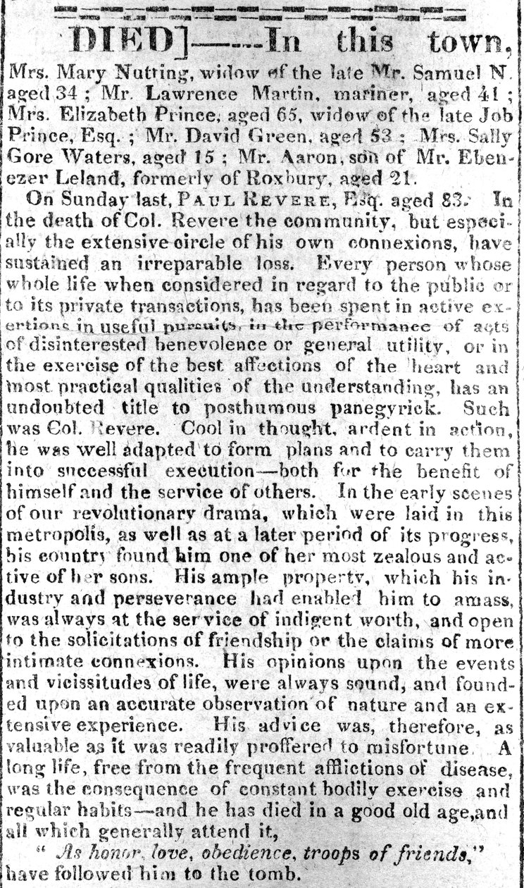 Pagina necrologica dal Boston Intelligencer, 16 maggio 1818 da American School