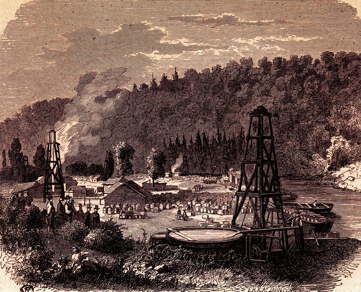Campi petroliferi a Titusville in Pennsylvania, con il primo pozzo trivellato inventato da Edwin Laurentine Drake nel 1859, incisione, USA da American School