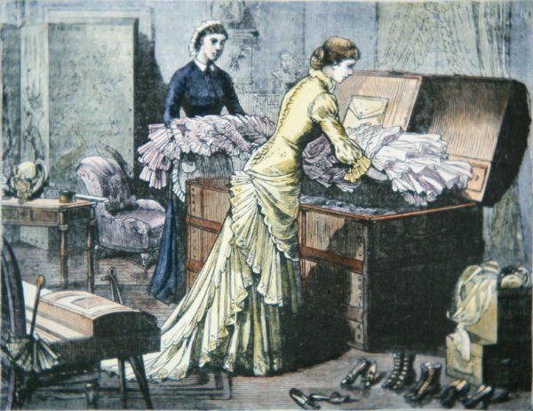 Preparazione del baule di Saratoga per il viaggio in treno a Saratoga Springs, New York, c.1880 da American School