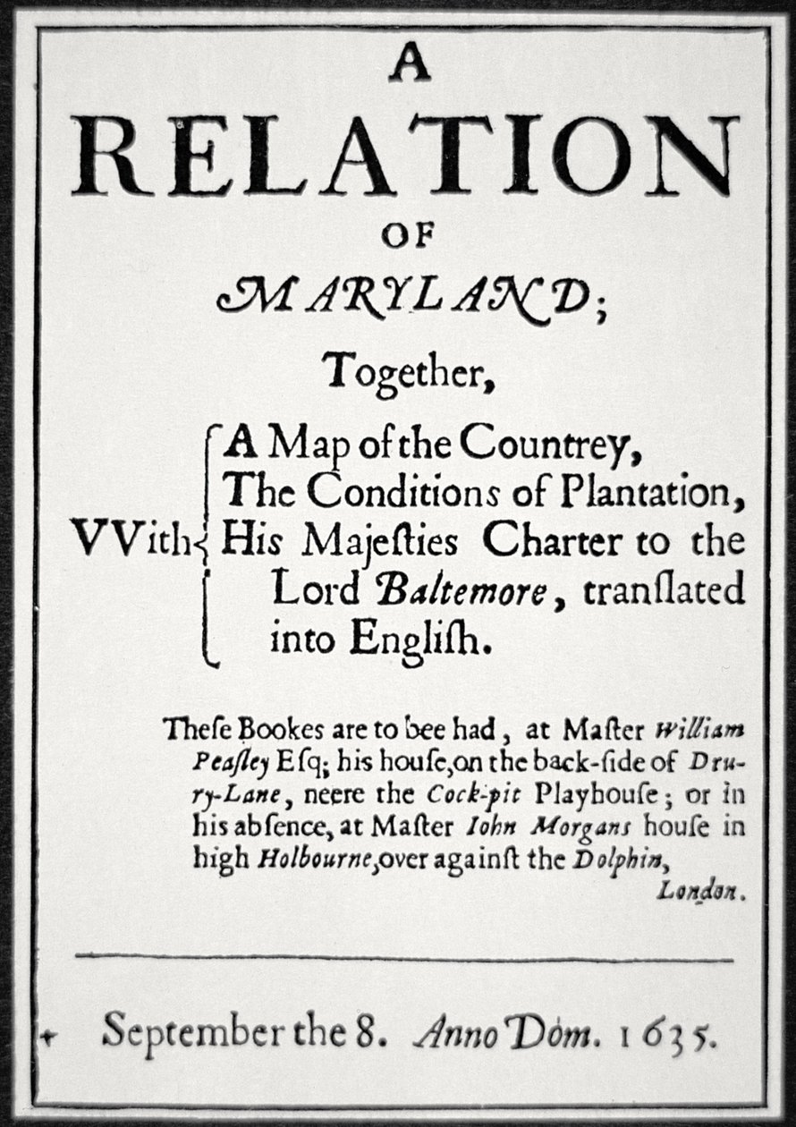 Opuscolo sulla colonia del Maryland emesso dal Secondo Lord Baltimore da American School