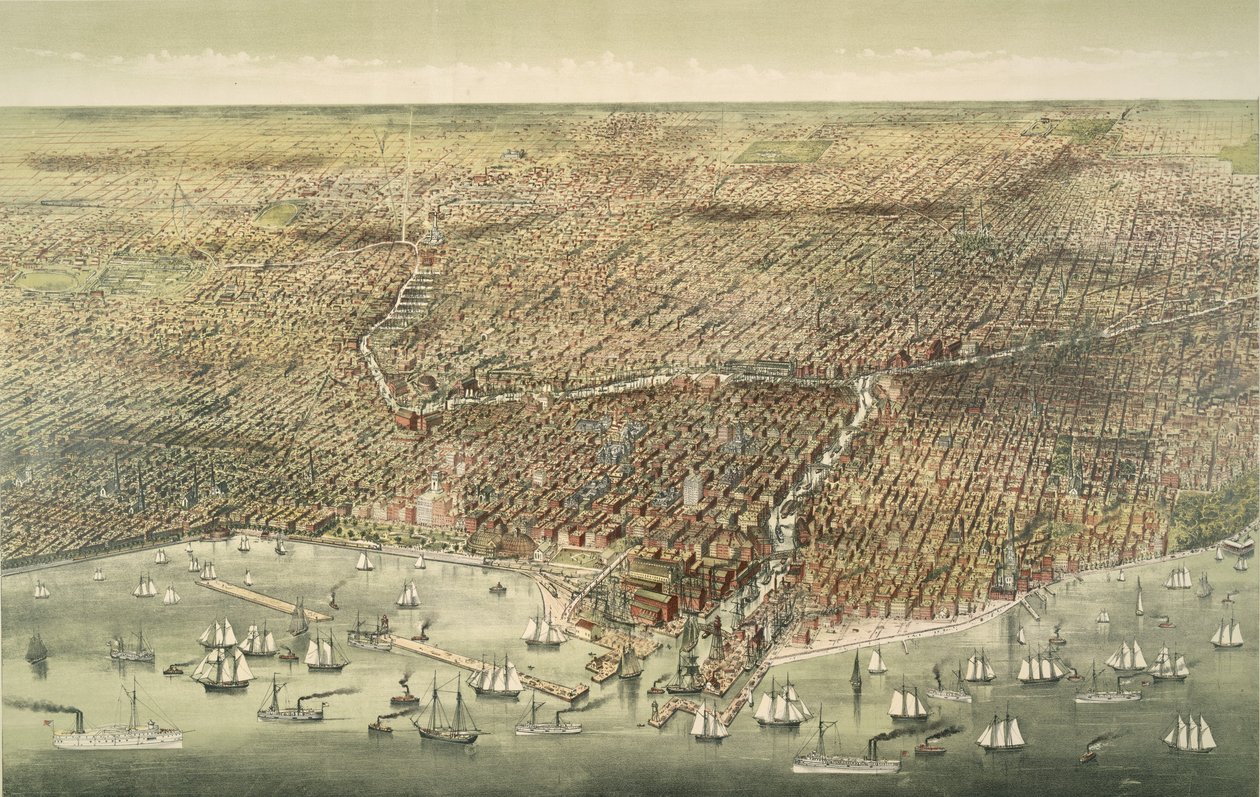 Veduta panoramica della città di Chicago, pub. 1892 (litografia a colori) da American School
