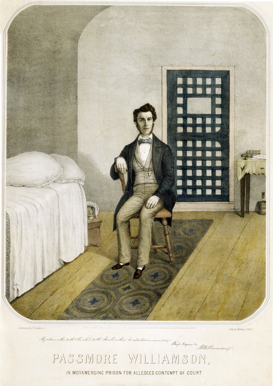 Passmore Williamson nella prigione di Moyamensing per presunto disprezzo della corte, pub. 1855 (litografia a colori) da American School