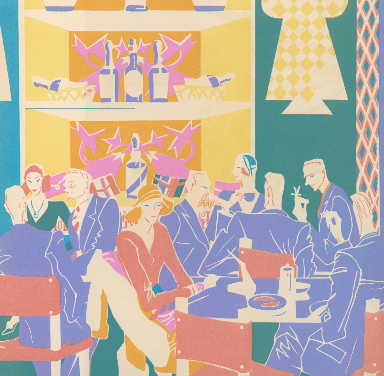 Clienti ai tavoli in un jazz club Art Deco da American School