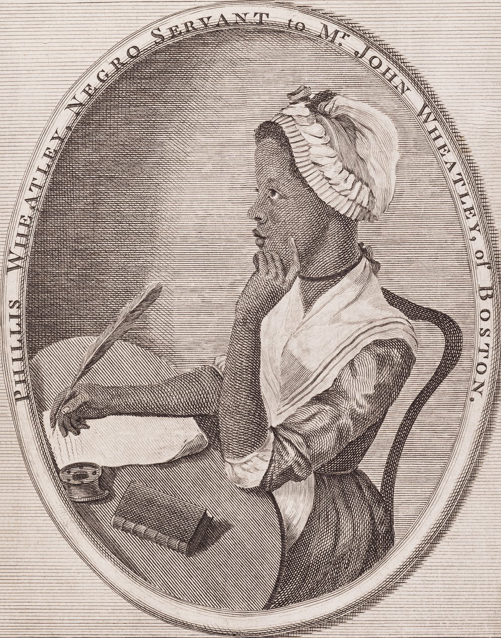 Philiis Wheatley (1753-1784). Poetessa afroamericana. Frontespizio inciso della sua raccolta "Poems" (Poesie), 1773. da American School