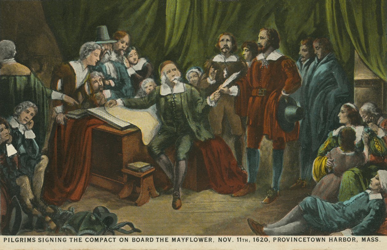 Pellegrini che firmano il patto a bordo della Mayflower, porto di Princetown, Massachusetts da American School