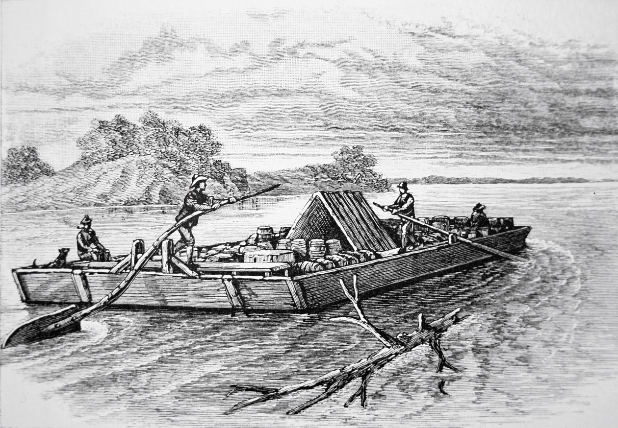 Barca piatta dei pionieri sul fiume Mississippi, c. 1840 (incisione) da American School
