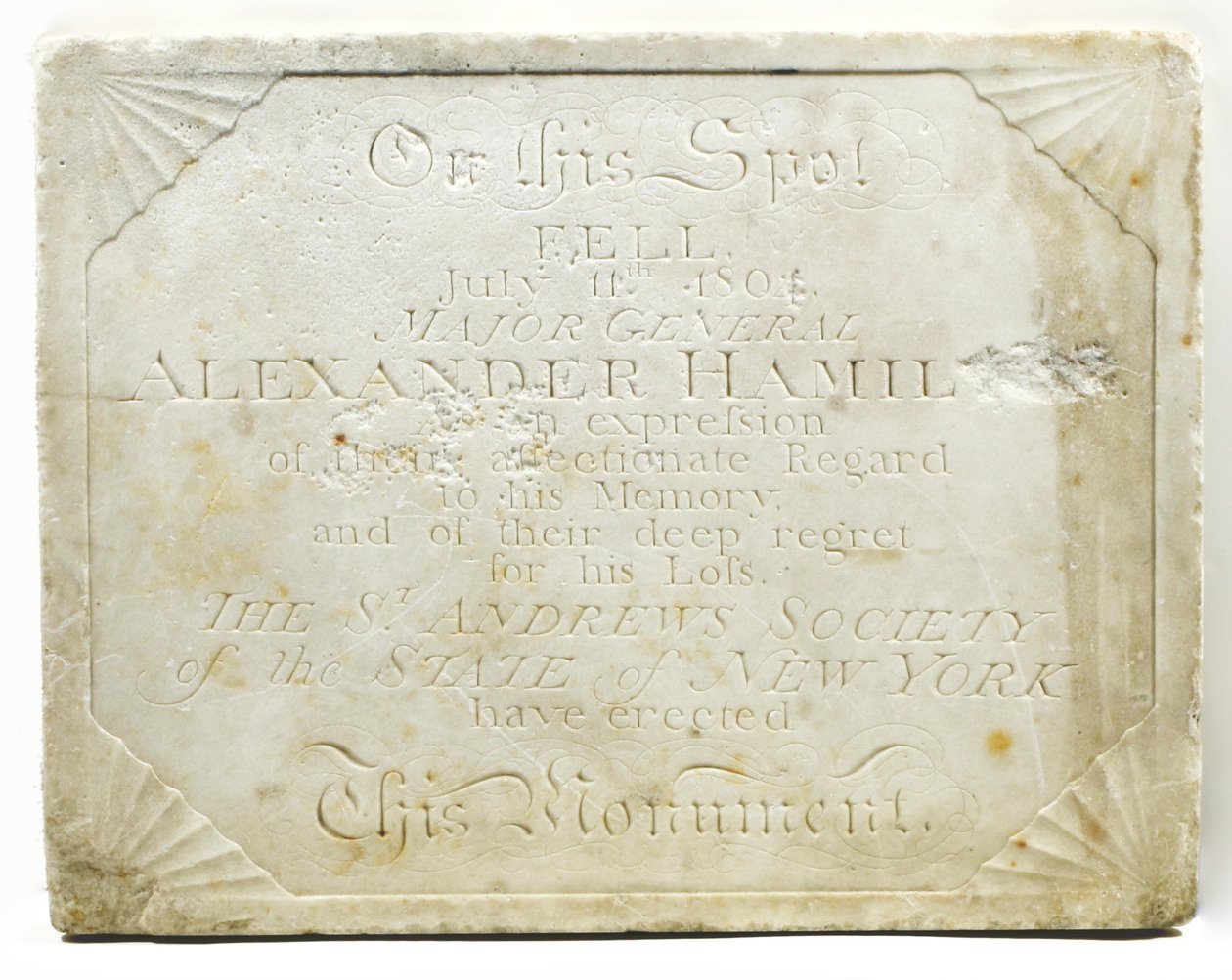 Targa per il cenotafio che segna il punto in cui Alexander Hamilton fu mortalmente ferito durante un duello con Aaron Burr da American School