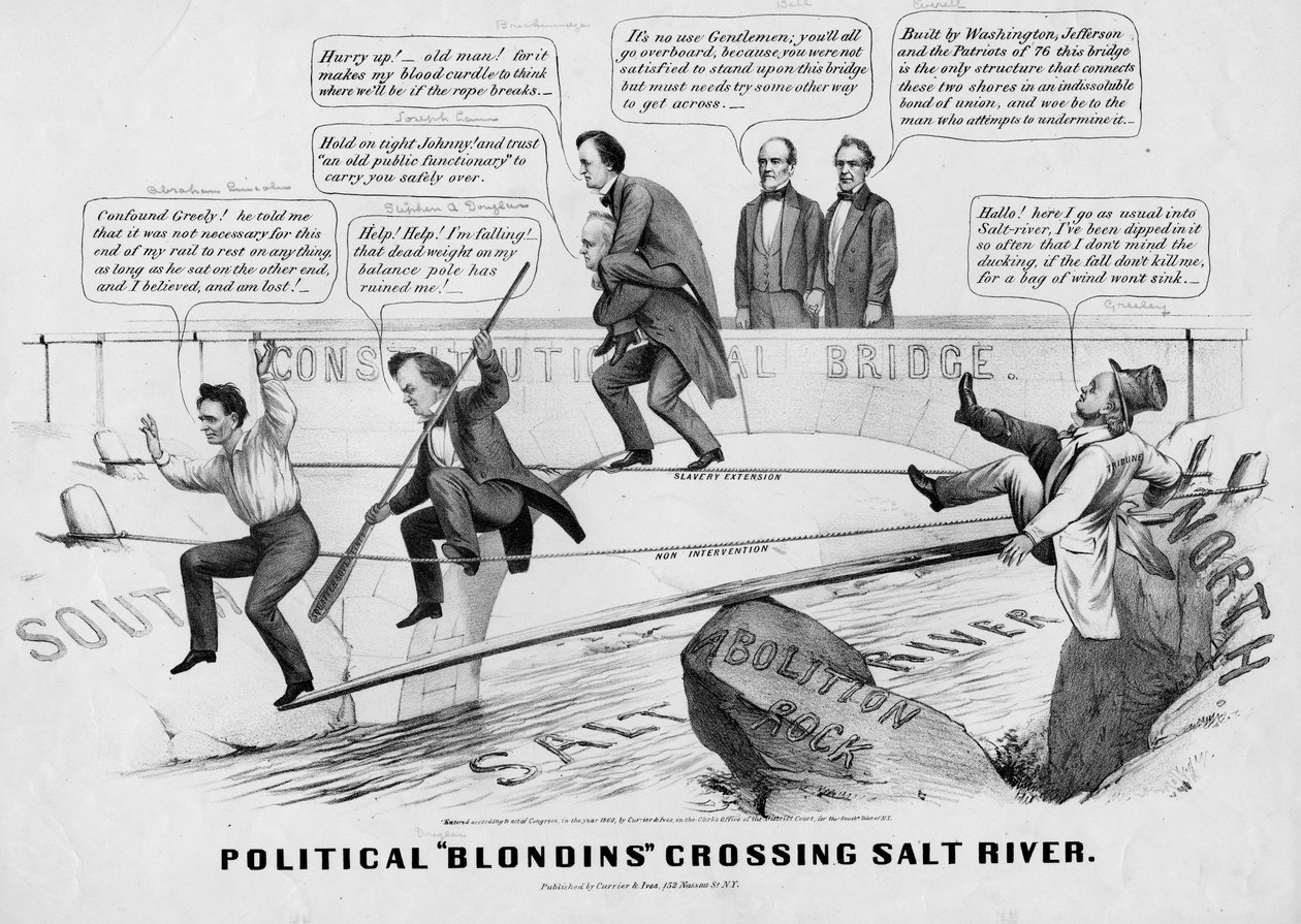 Blondins politici che attraversano il fiume Salt, pubblicato da Currer & Ives, New York, 1860 da American School