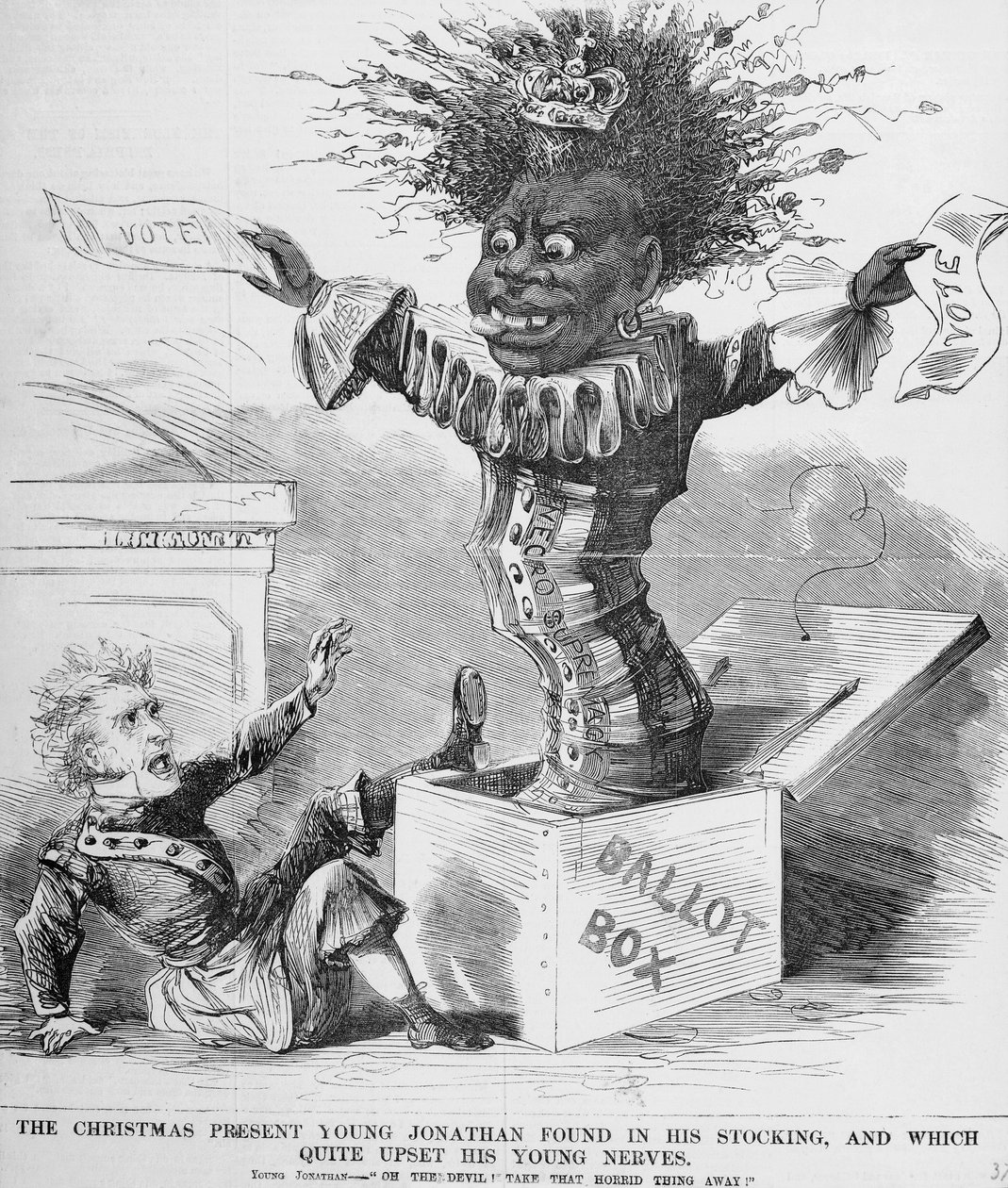 Cartone politico che raffigura il presidente Andrew Jackson (1767-1845) spaventato dalla prospettiva del voto nero in America da American School