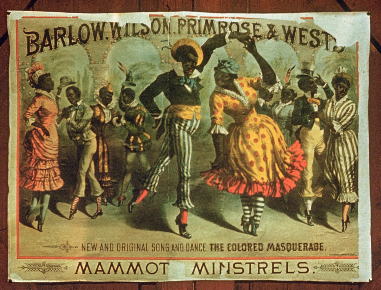 Poster pubblicitario per Barlow, Wilson, Primrose e Wests Mammot Minstrels Colored Masquerade da American School