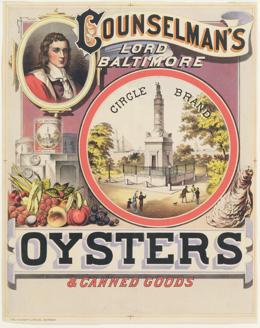 Poster pubblicitario per le Ostriche e i Prodotti in Scatola Counselmans Lord Baltimore Circle Brand da American School