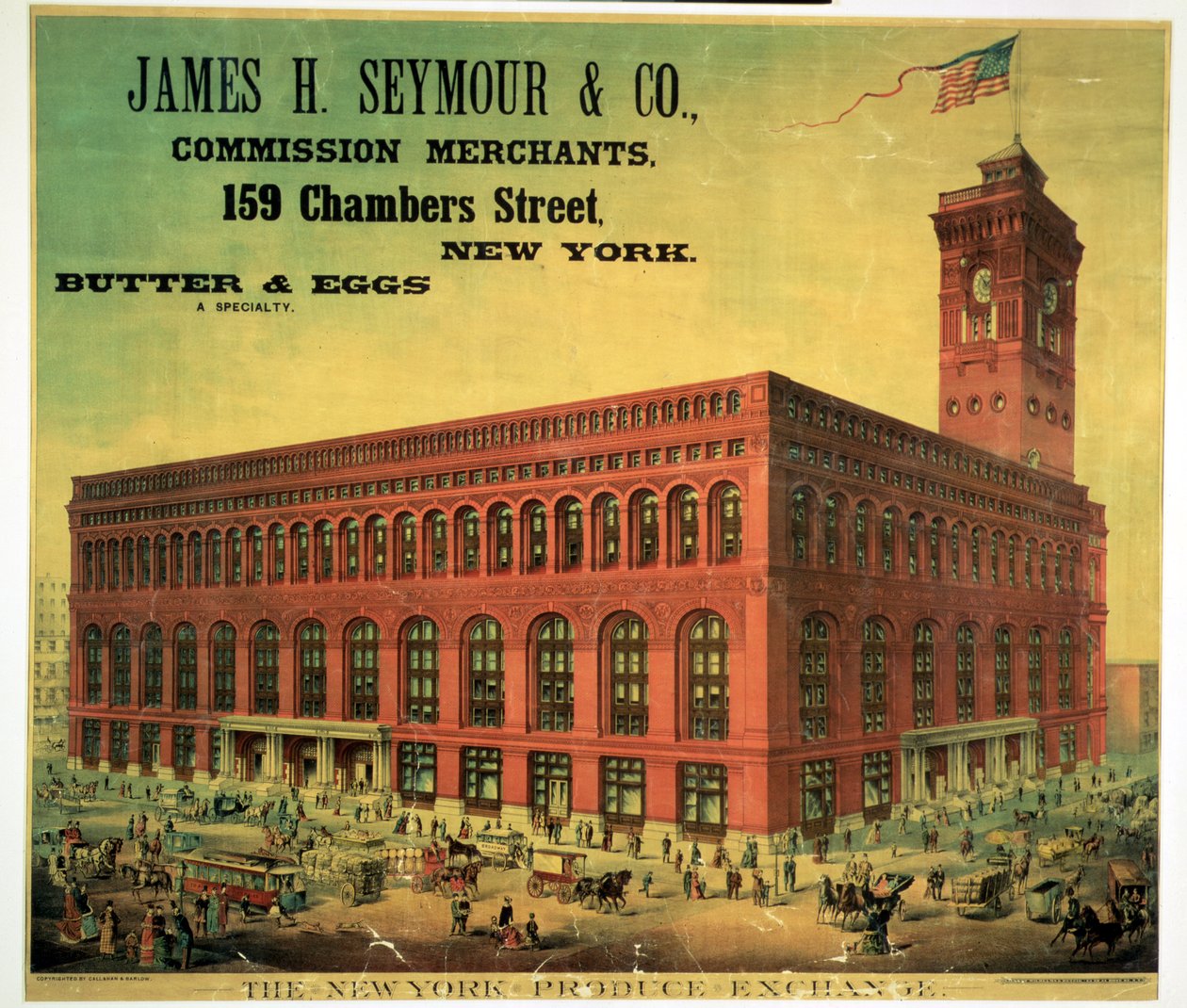 Poster pubblicitario di James H. Seymour & Co. Commission Merchants al New York Produce Exchange, inciso da Sacket, Wilhelms e Betzig, c.1885 da American School
