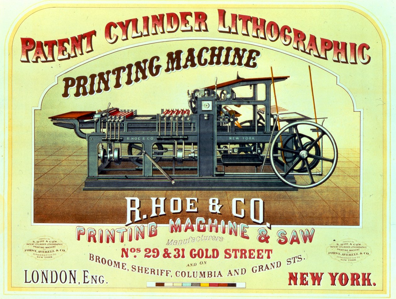Poster pubblicitario della macchina da stampa litografica a cilindro brevettata, R. Hoe & Co., Londra e New York da American School