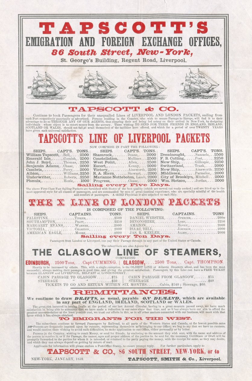 Poster pubblicitario degli uffici di emigrazione e cambio estero di Tapscott, New York, gennaio 1859 da American School