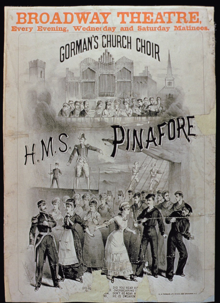 Poster per HMS Pinafore, eseguito dal coro della chiesa di Gorman al Broadway Theatre da American School