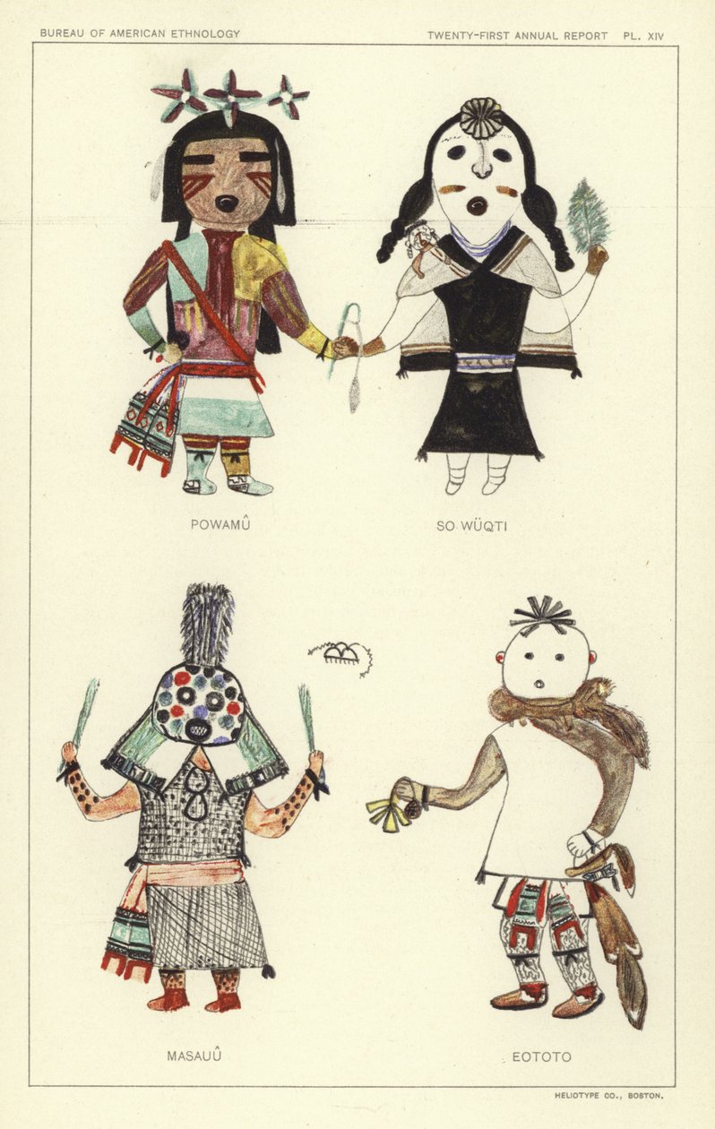 Powamu, So Wuqti, Masauu, Eototo (litografia a colori) da American School