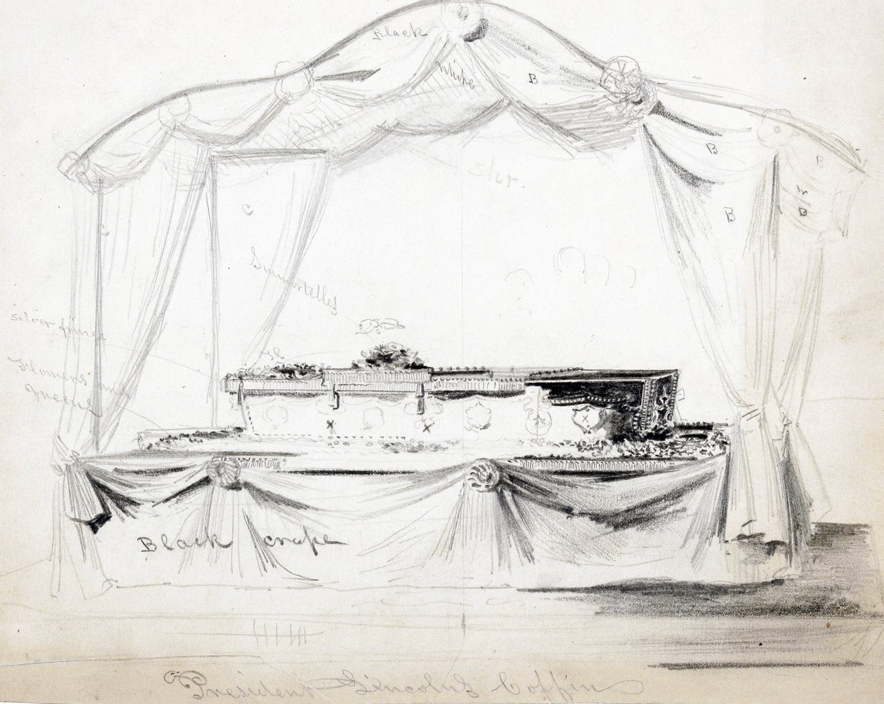 La bara del presidente Abraham Lincoln esposta alla Casa Bianca, Washington D.C., aprile 1865 da American School