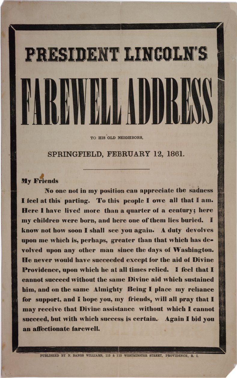 Discorso di addio del presidente Lincoln ai suoi vecchi vicini, Springfield, 12 febbraio 1861 da American School