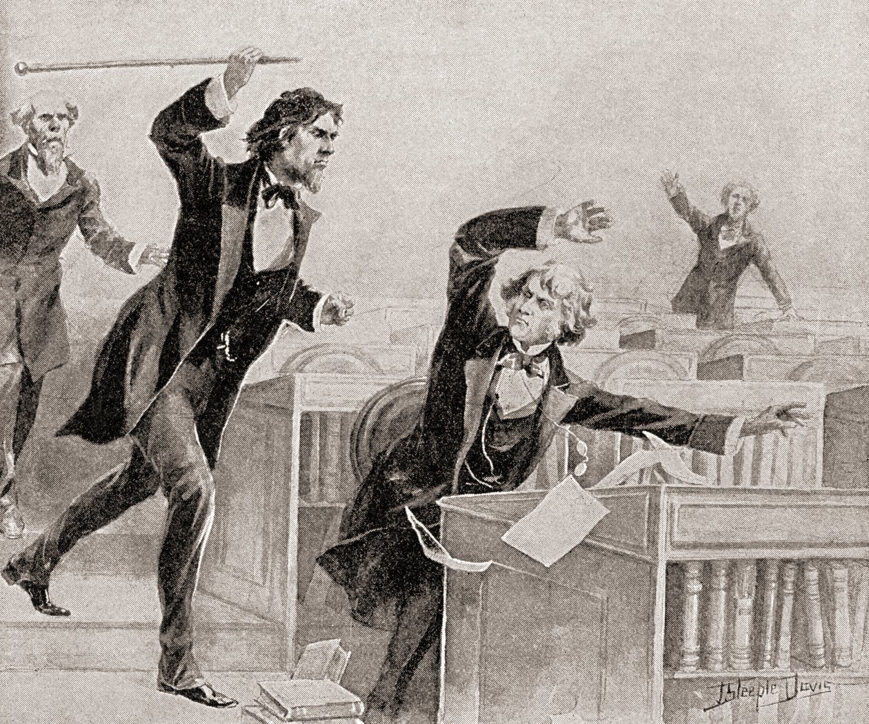 Preston Smith Brooks, fervente sostenitore della schiavitù, che assale il senatore Charles Sumner, abolizionista, con un bastone sul pavimento del Senato degli Stati Uniti, il 22 maggio da American School