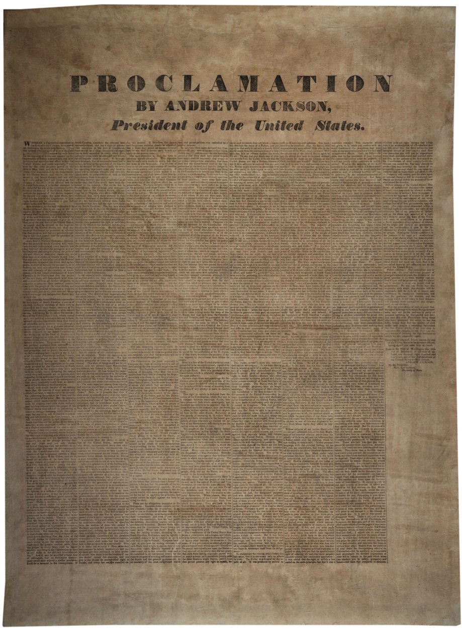 Proclamazione di Andrew Jackson (1767-1845), Presidente degli Stati Uniti, 10 dicembre 1832 da American School
