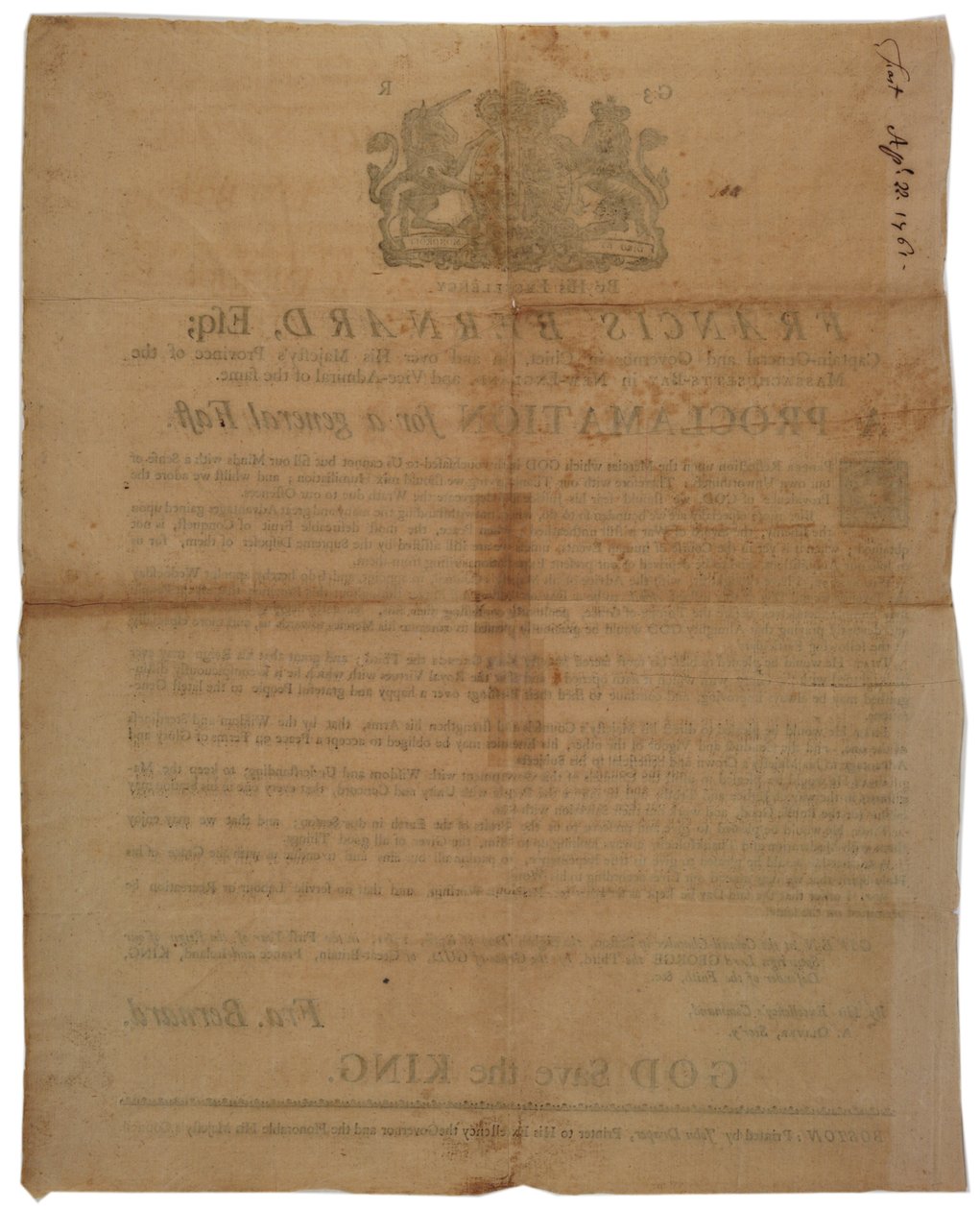 Proclamazione in nome di Francis Bernard, Governatore della Baia del Massachusetts: annuncio di un giorno di digiuno durante la guerra franco-indiana, 8 aprile 1761 da American School