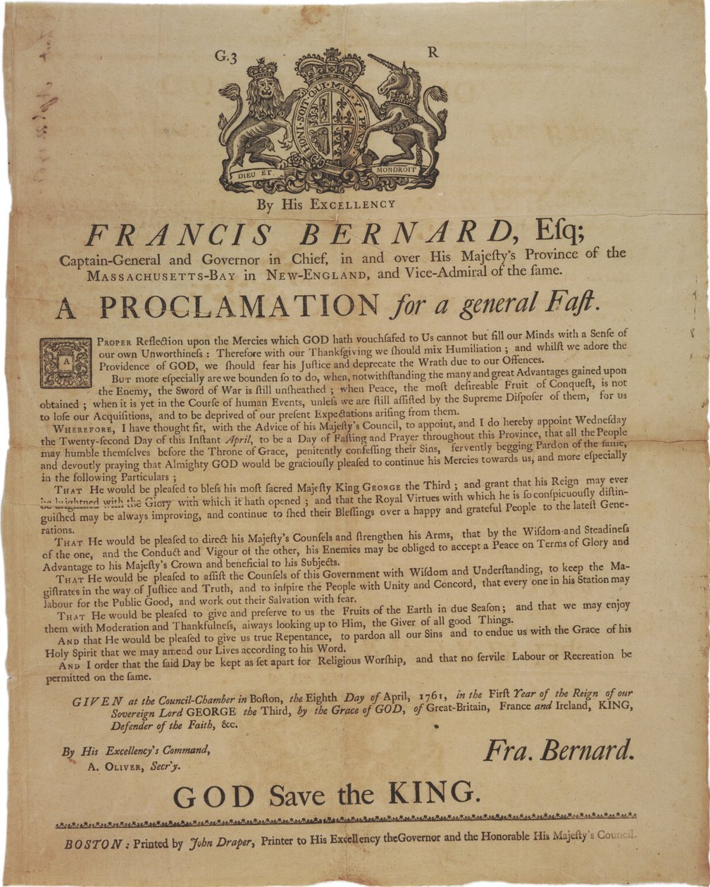 Proclamazione in nome di Francis Bernard, Governatore della Baia del Massachusetts: annuncio di un giorno di digiuno durante la guerra franco-indiana, 8 aprile 1761 da American School