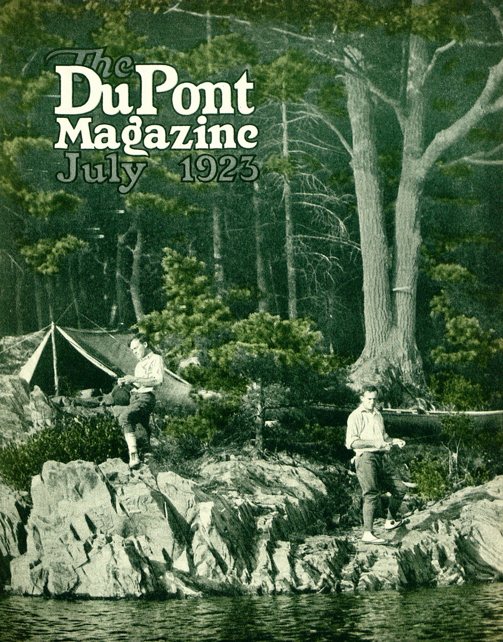Pyralin va a pesca, copertina della rivista DuPont, luglio 1923 da American School