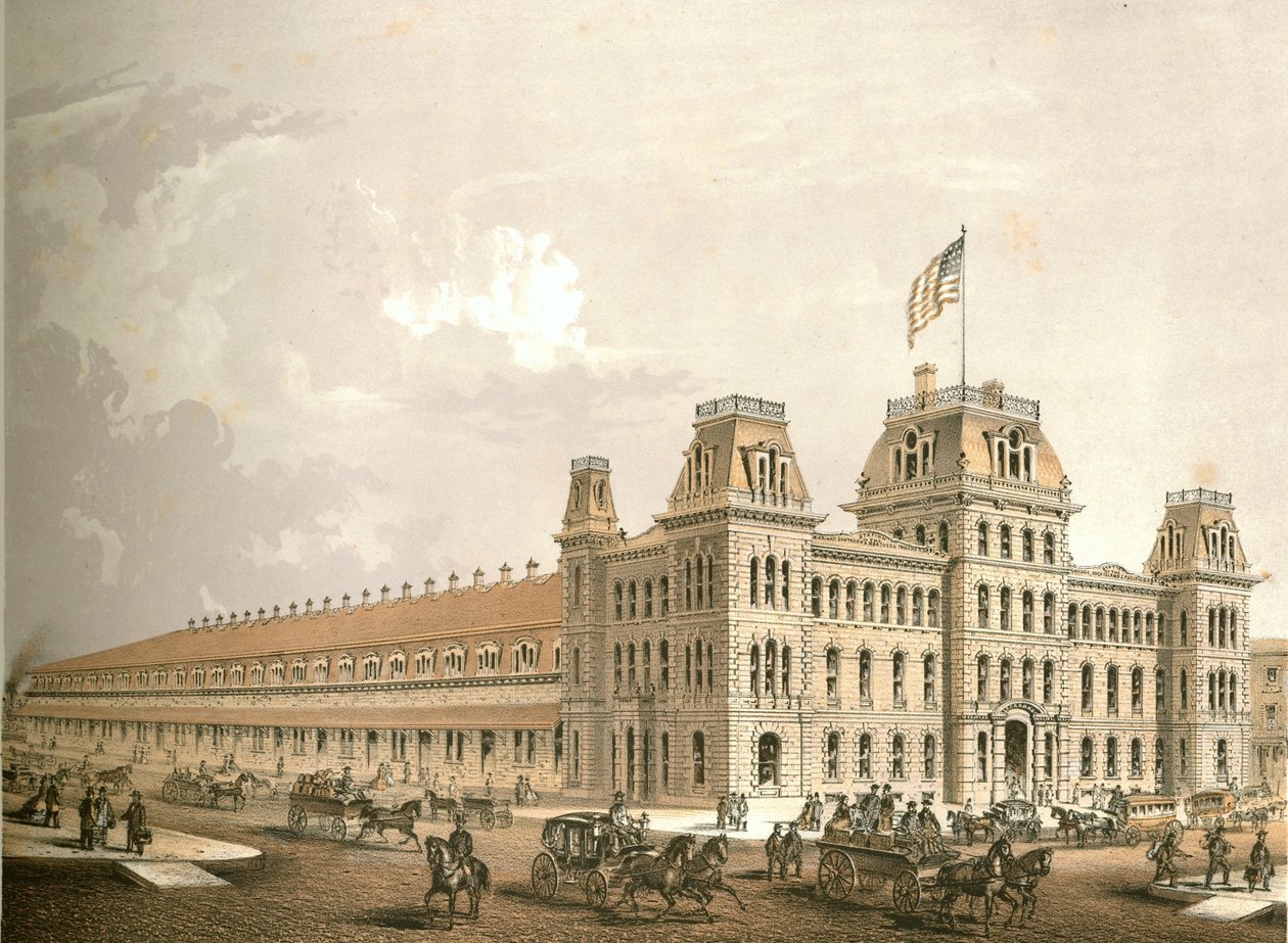 Stazione ferroviaria, da Chicago Illustrated, con descrizioni letterarie di James W. Sheahan, pubblicato da Jevne & Almini, Chicago da American School