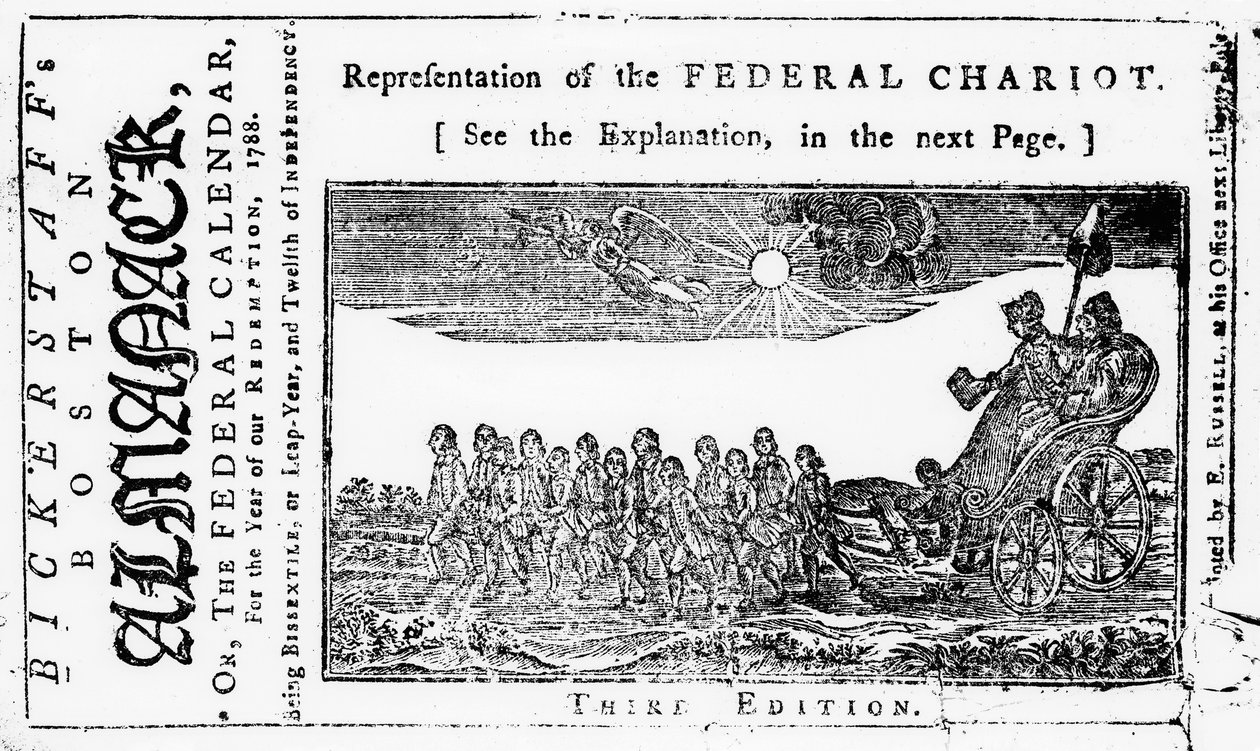 Rappresentazione del Carro Federale, illustrazione di copertina da Bickerstaffs Boston Almanack, pubblicato nel 1788 da American School