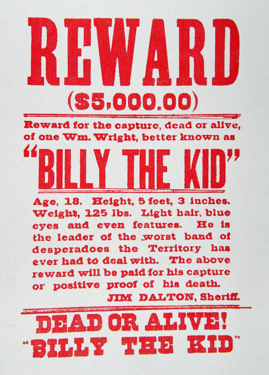 Manifesto di ricompensa per Billy the Kid (1859-81) (litografia) da American School