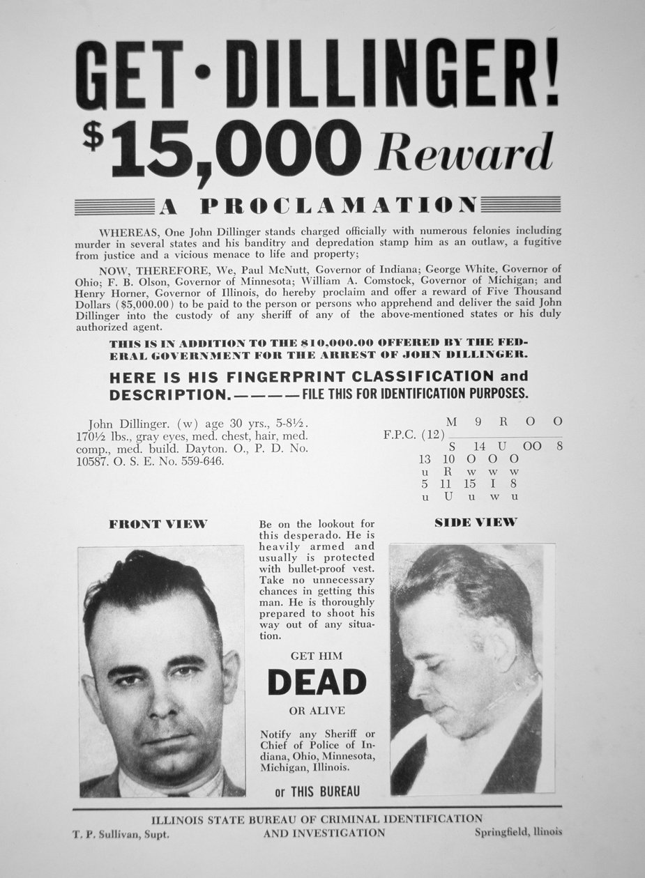 Manifesto di ricompensa per John Dillinger da American School