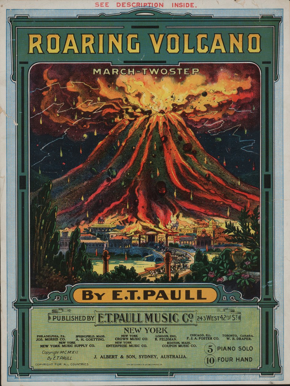 Vulcano ruggente (litografia a colori) da American School