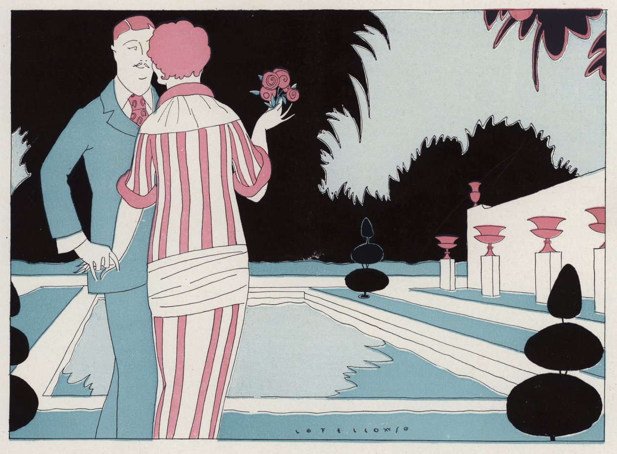 Coppia romantica che si tiene per mano a bordo piscina, scena tratta dal racconto Prospective Honeymooners di J A Waldron (litografia a colori) da American School