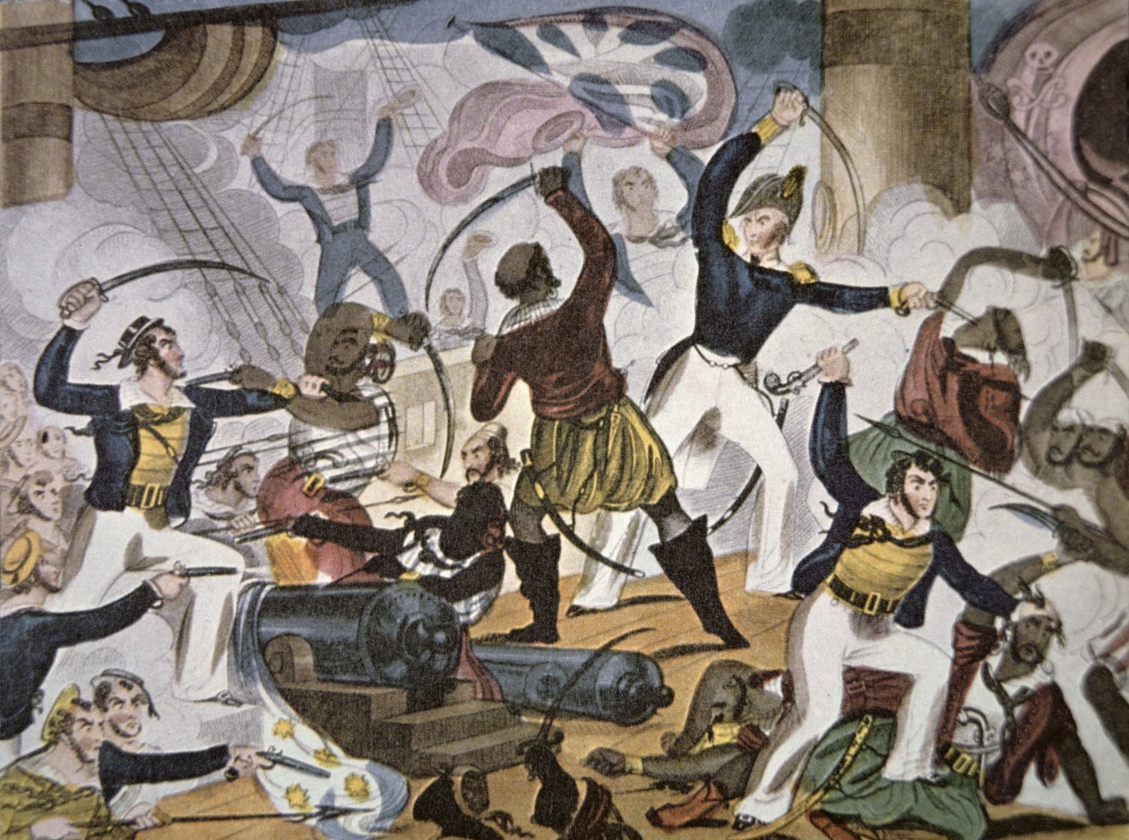 Marinai della Royal Navy che abbordano una nave pirata algerina, c.1820 da American School