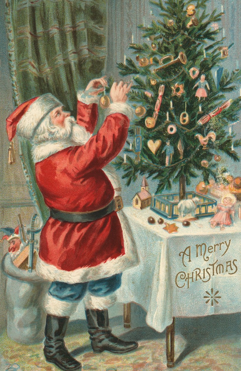Babbo Natale che decora un albero di Natale da American School