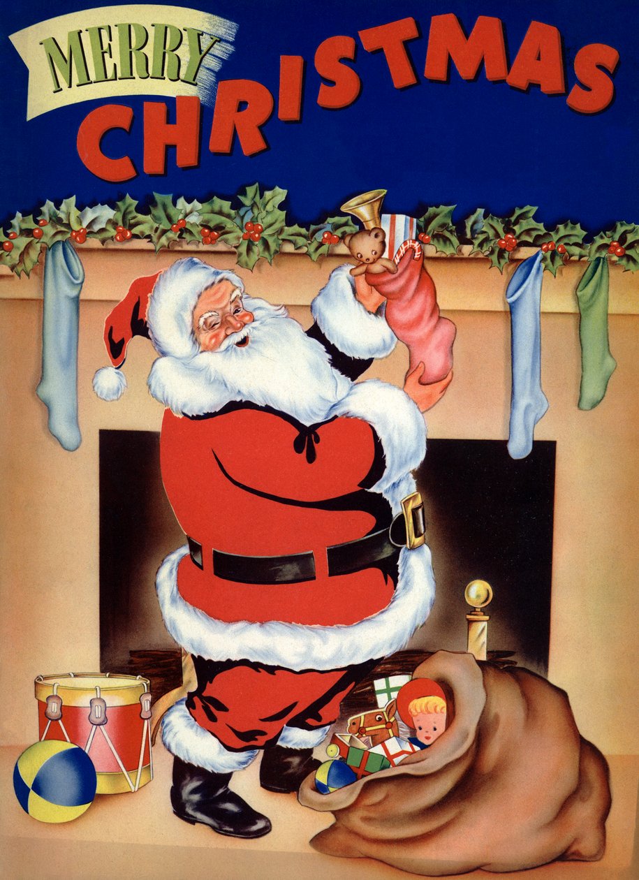 Babbo Natale riempie le calze di giocattoli la vigilia di Natale da American School