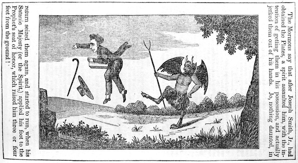 Satana che prende a calci Joseph Smith (1805-44) dalla pagina posteriore dell