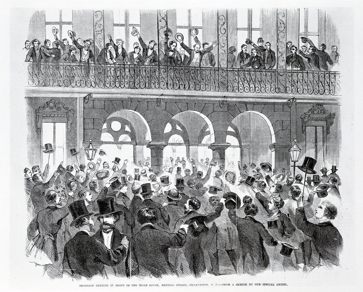 Riunione di Secessione davanti alla Mills House, Meeting Street, Charleston, Carolina del Sud, c.1860 da American School