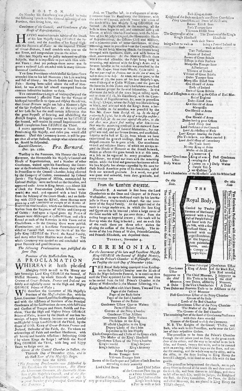Seconda pagina del Boston Evening Post che annuncia la morte di Re Giorgio II (1683-1760), 5 gennaio 1761 da American School