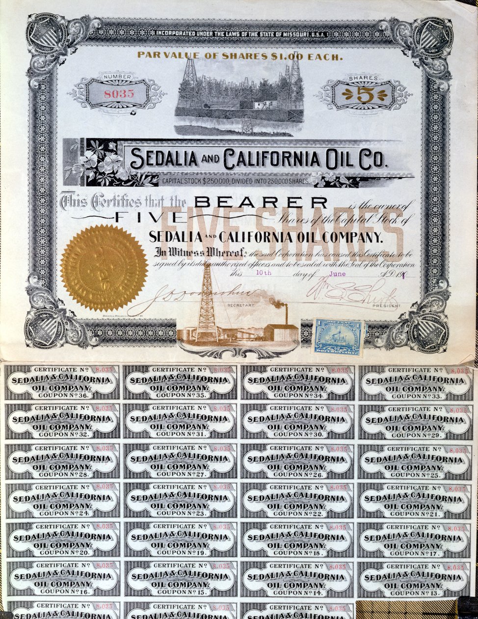 Certificato azionario per la Sedalia and Californian Oil Company, U.S.A., 1901 da American School