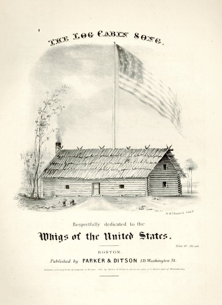 Copertina dello spartito per The Log Cabin Song..., pubblicato da Parker & Ditson, Boston, 1840 da American School